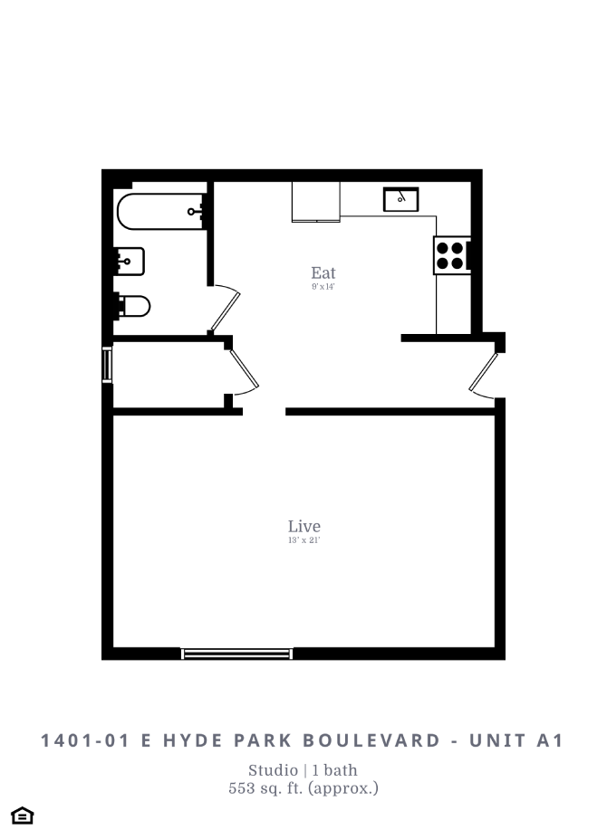 Floor plan for studio, 1 bath, 553 sqft